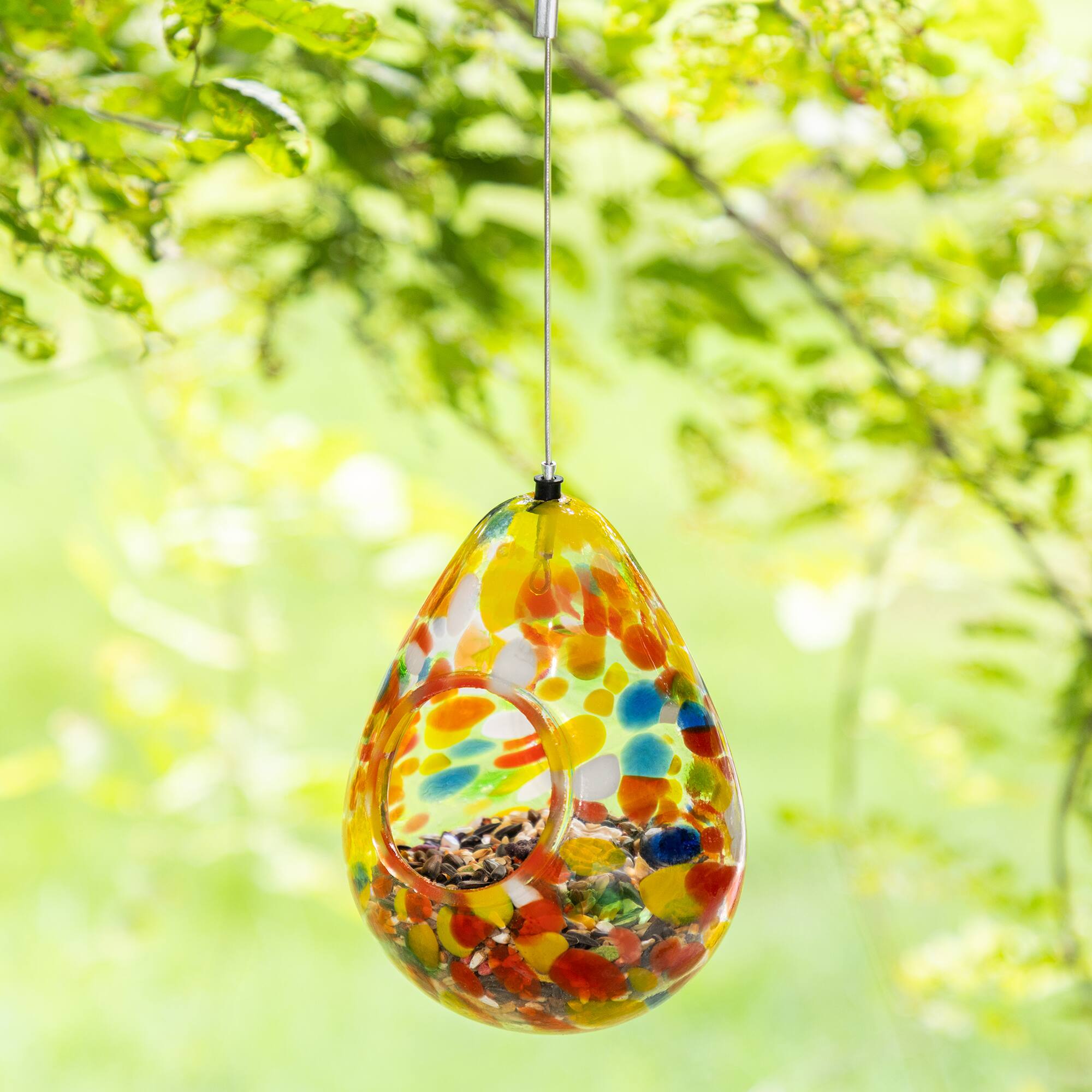 Glitzhome® 6.75" Glass Water Drop Hanging Orange Dots Birdfeeder